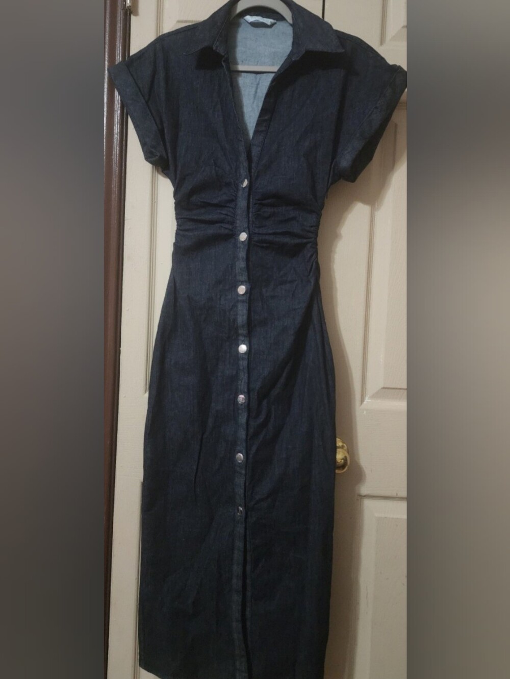 Zara Dark Blue Button-Front Midi Shirt Dress